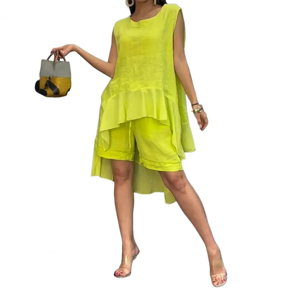 Women's Cotton Linen Two Piece Set Irregular Ruffle Hem Sleeveless Top Drawstring Shorts Summer Casual Outfit Retro Female Wear