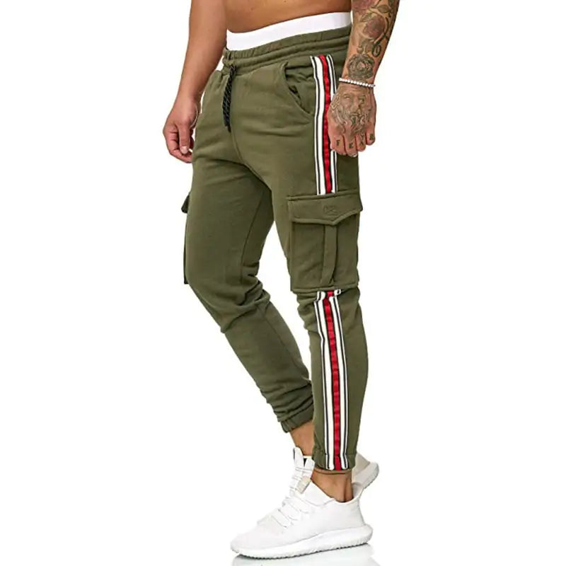 Men's Striped Drawstring Knee Pocket Casual Trousers