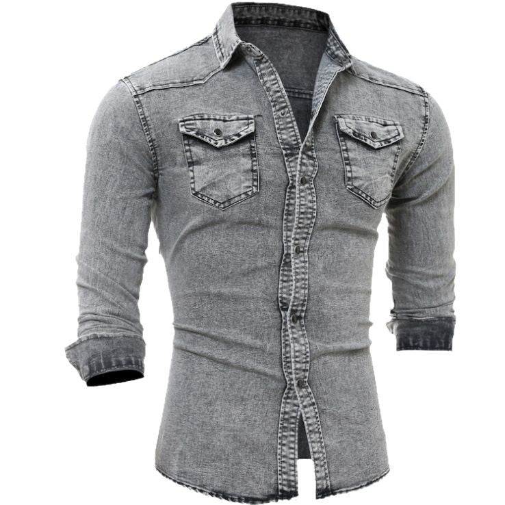 Men's Long Sleeve Denim Shirt Casual Solid Color Stitched