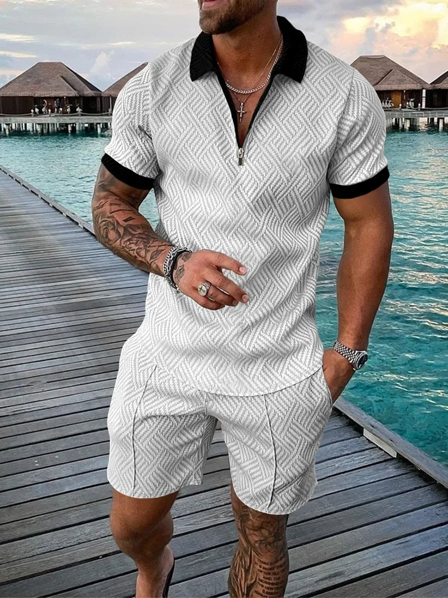 V-neck Zipper Short Sleeve POLO Shirt+Shorts