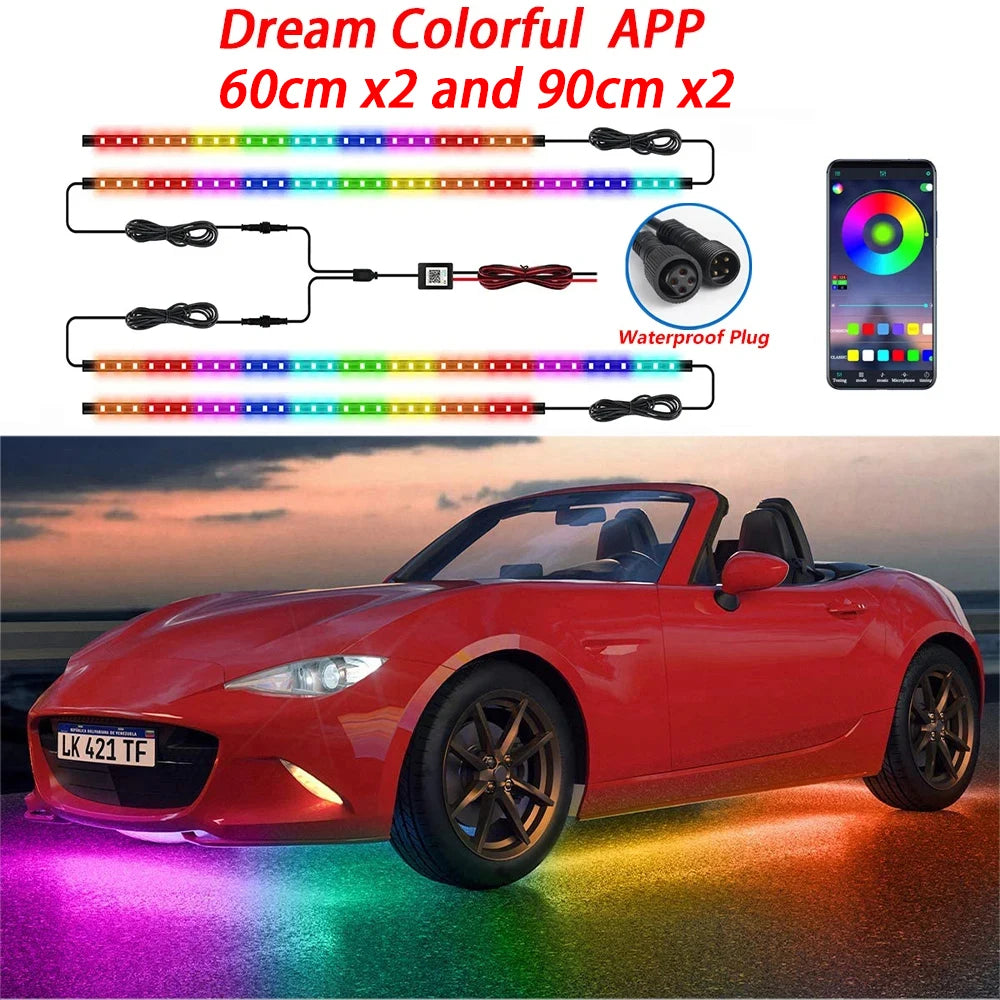 RGB Flexible Car Underglow Light Strip 12V LED Underbody Ambient Light With App Control Neon Auto Decorative Atmosphere Lamps