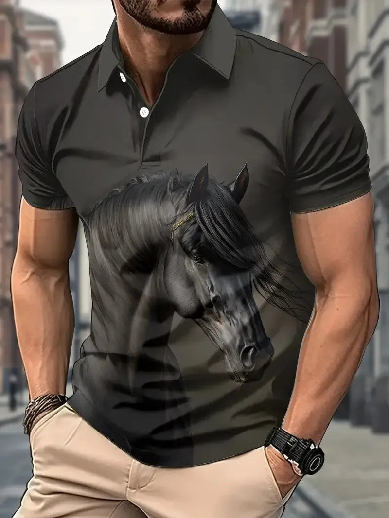 Men's Polo shirt Animal Graphic Print Outdoor Casual O Neck fine horse Short Sleeve Street Fashion  Male Oversized Clothing