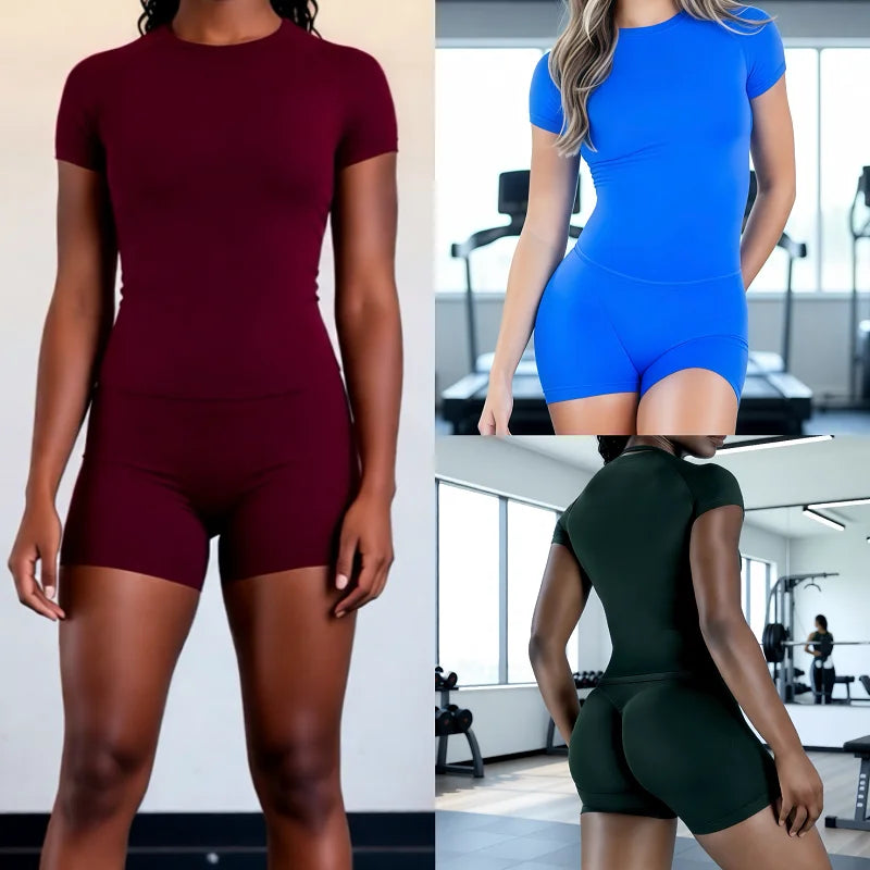 2 Pieces Impact Gym Sets Women Seamless knitted Yoga Short Sleeve Top Fitness Set Workout Running Sports Short Leggings Suit