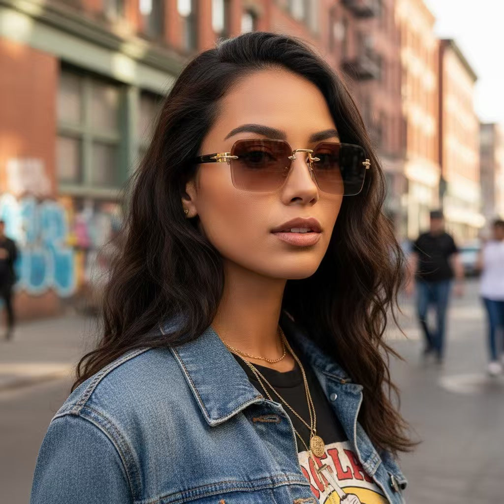 Metal Frameless Sunglasses with Floral Design