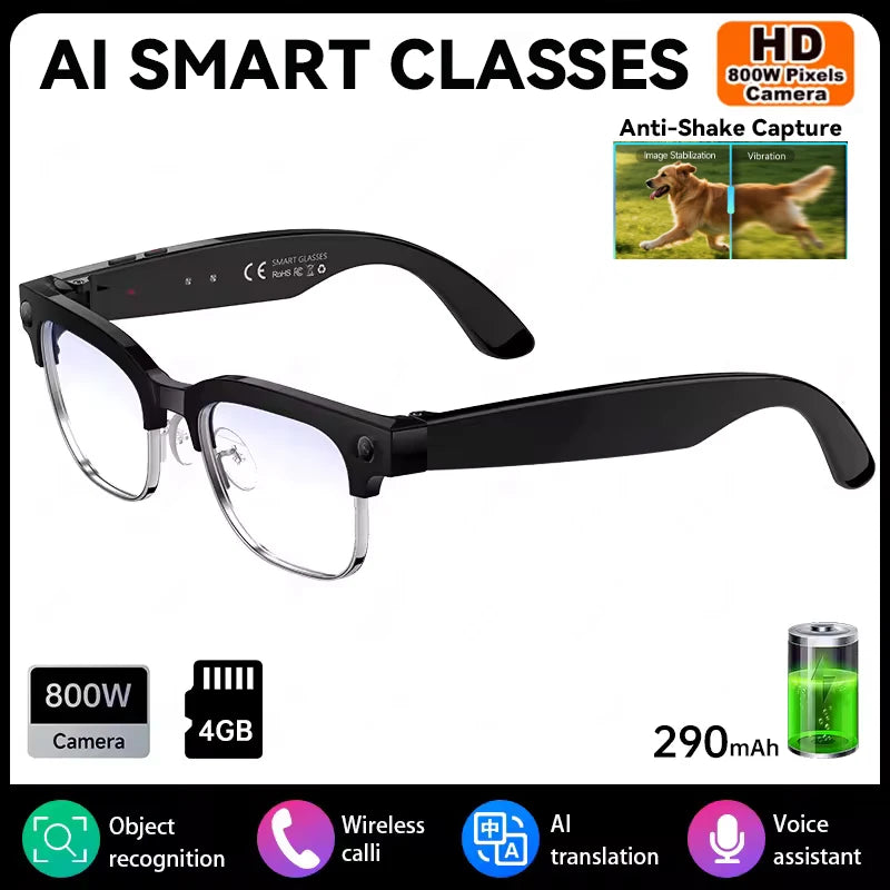 AI Smart Glasses 8MP Bluetooth Waterproof IP66 with Video Recording Photo Recognition Translation 290mAh Glasses for Everyday Us