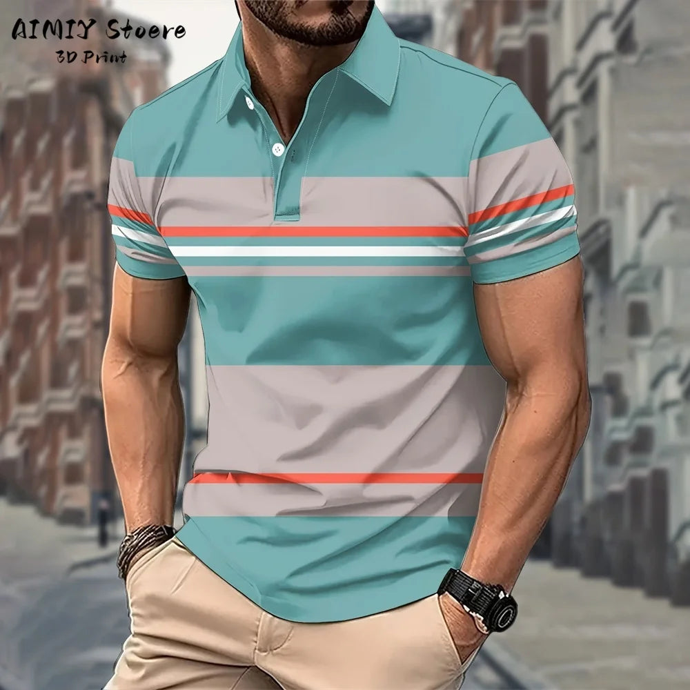 Men's Polo Shirt Striped Polo Shirt Casual Men's Top Short Sleeve Lapel Shirt White Base Gray Stripe Versatile Business Wear
