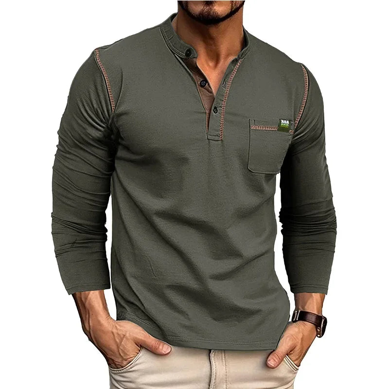 T-shirt Henry Collar Solid Color New Autumn Winter Men's Long-sleeved Casual Fashion Tee Top