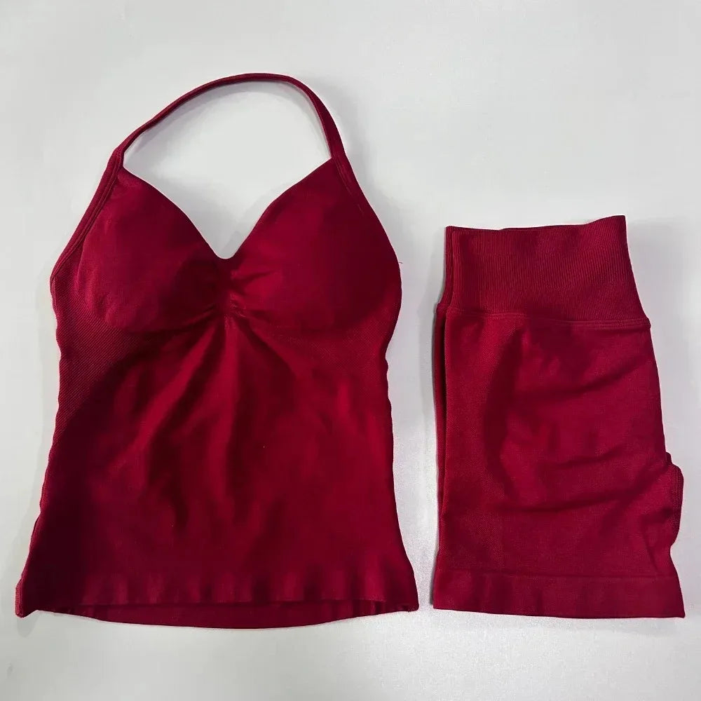 2 Pieces Sport Set Women Backless Tank Tops High Waist Scrunch Seamless Shorts Sport Suit Gym Set Sportswear Workout Set
