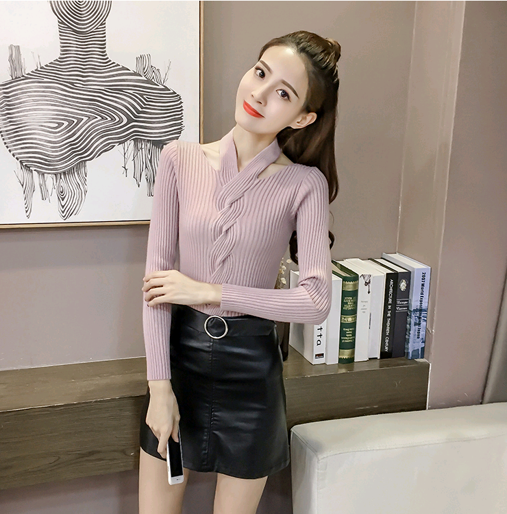 Women's Long Sleeve T-Shirt, Fashionable V-Neck Knit Top