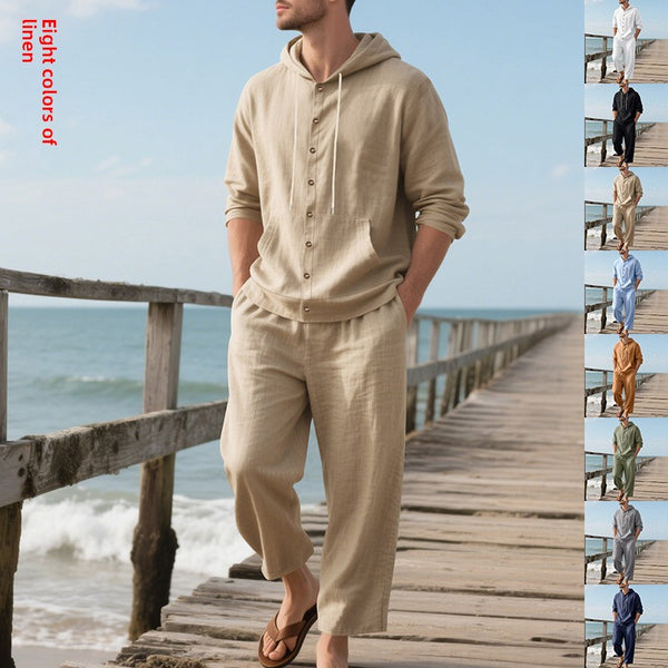 Mens Linen Hooded Shirt and Trousers
