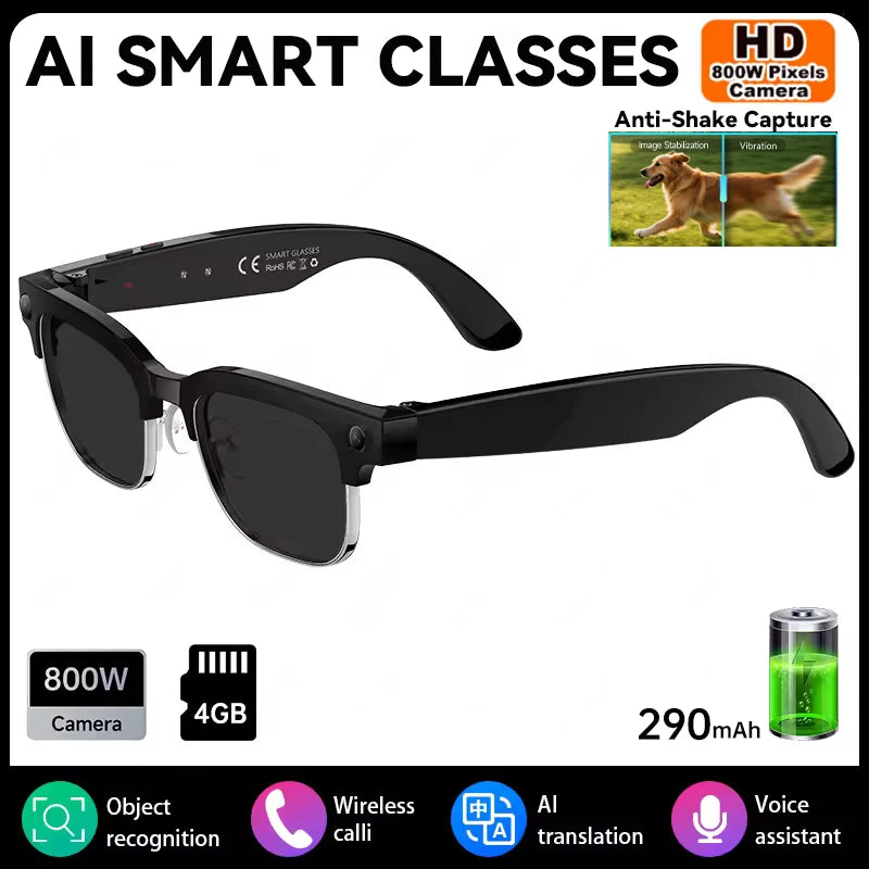 AI Smart Glasses 8MP Bluetooth Waterproof IP66 with Video Recording Photo Recognition Translation 290mAh Glasses for Everyday Us