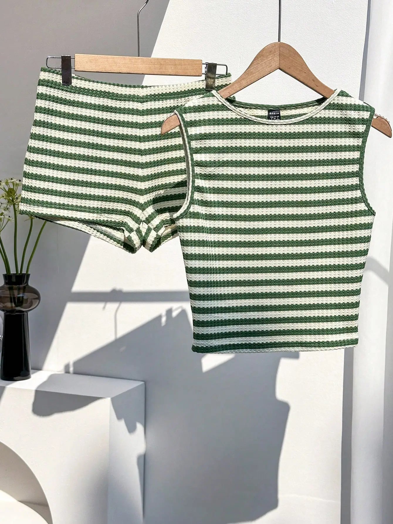 Brown and Cream Striped Cropped Tank Top and Shorts Set, Casual Summer Outfit