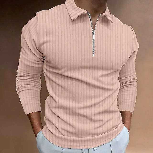 Cross-border spring and autumn men's POLO shirt fashion trend zipper striped long-sleeved men's polo shirt