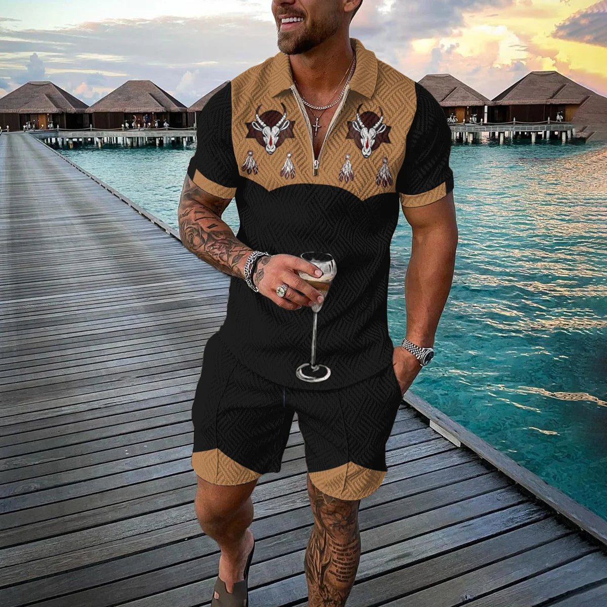 Fu Polo Shirt+Shorts 2 Piece Outfit