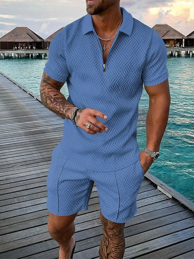 V-neck Zipper Short Sleeve POLO Shirt+Shorts