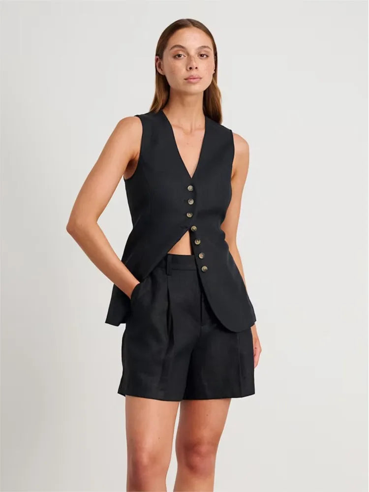 New Summer Women 2 Piece Cotton Linen Shorts Set, Fashion Office Lady Button Tank Vest Top Pocket Shorts Suit, Casual Outfits