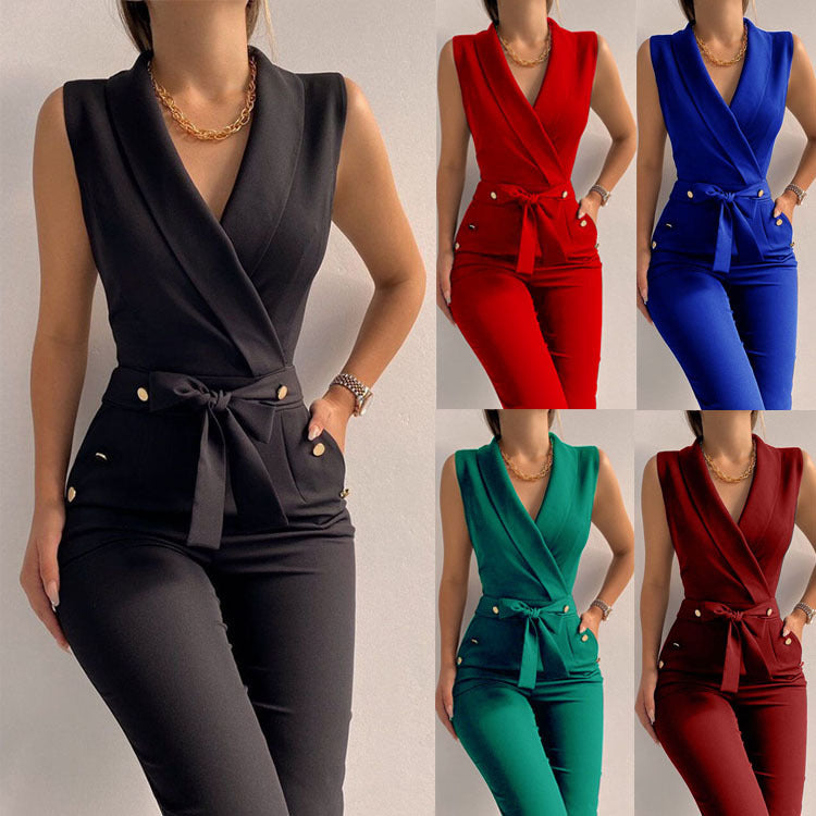 V-neck sleeveless one-piece work pants
