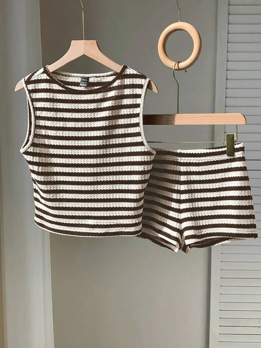 Brown and Cream Striped Cropped Tank Top and Shorts Set, Casual Summer Outfit