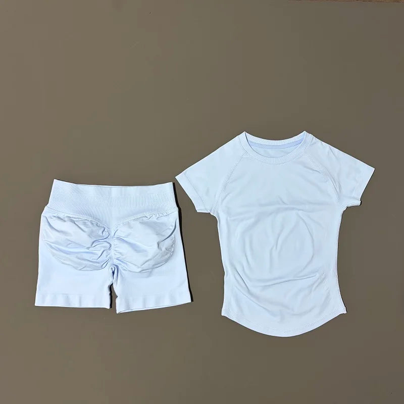 2 Pieces Impact Gym Sets Women Seamless knitted Yoga Short Sleeve Top Fitness Set Workout Running Sports Short Leggings Suit