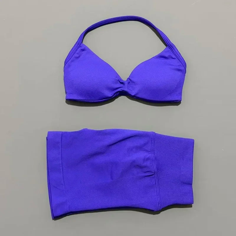 2 Piece Impact Sports Set Women Strappy Yoga Bra Gym Workout Scrunch Shorts Sports Suit Fitness Clothes Seamless Yoga Set