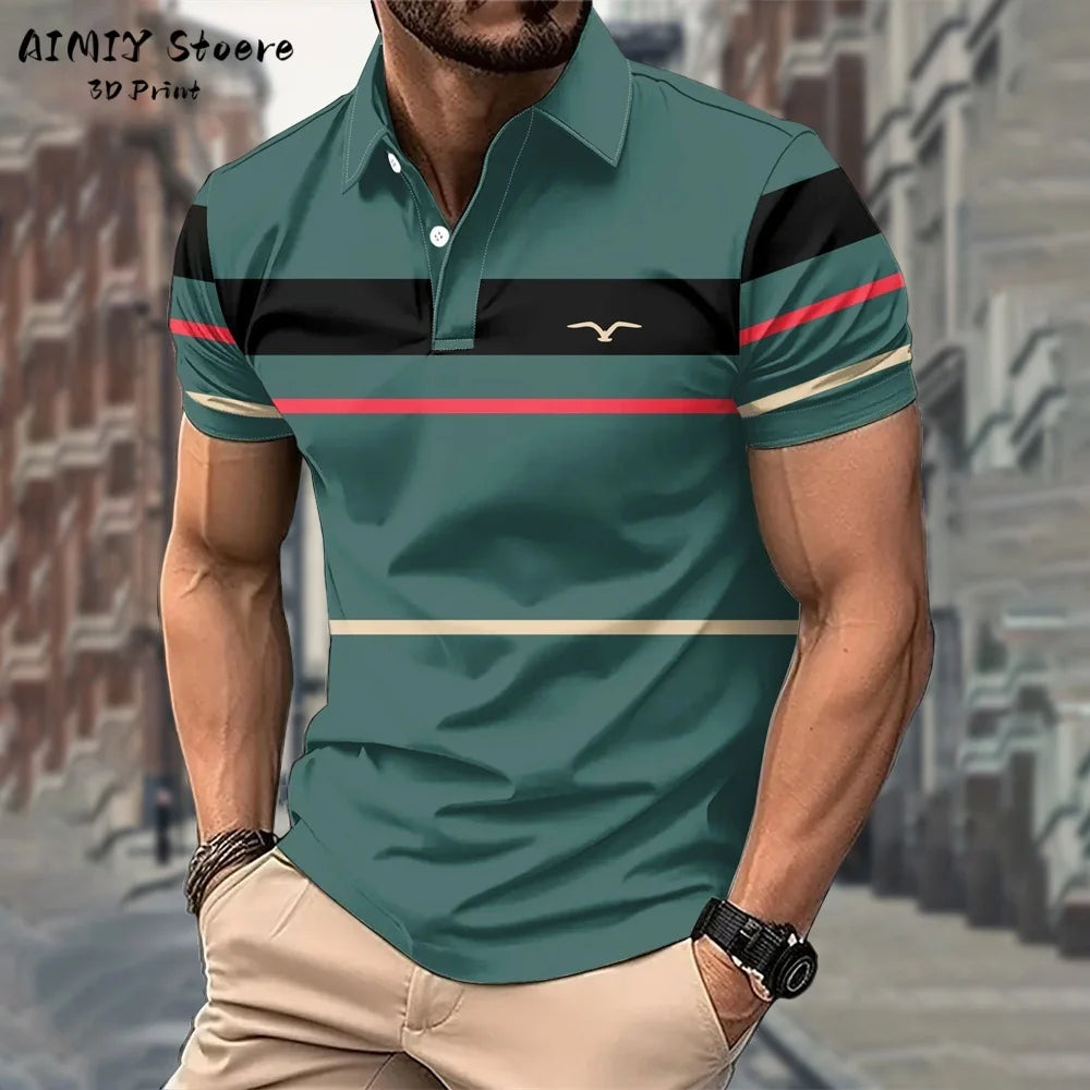 Men's Polo Shirt Striped Polo Shirt Casual Men's Top Short Sleeve Lapel Shirt White Base Gray Stripe Versatile Business Wear