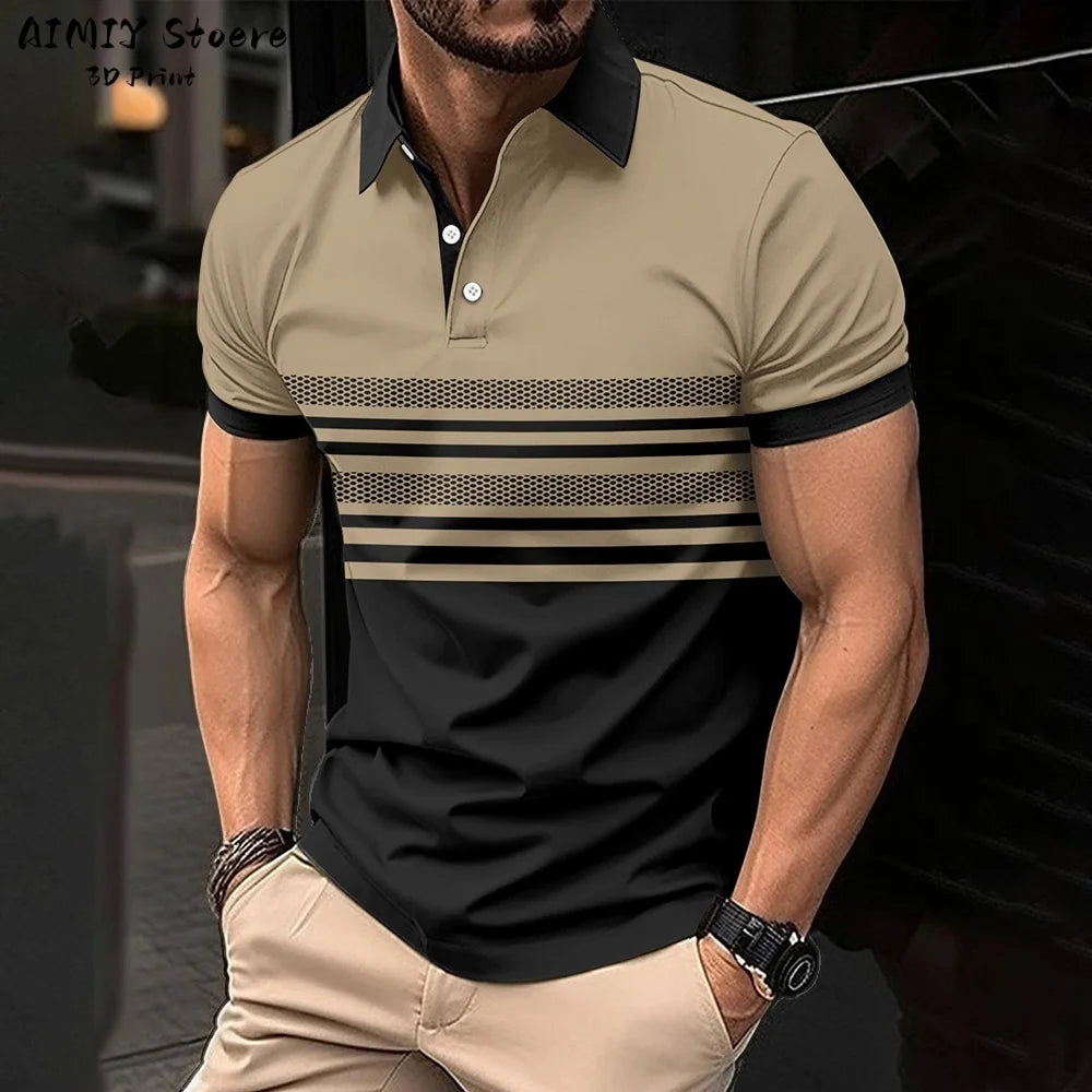 Men's Polo Shirt Striped Polo Shirt Casual Men's Top Short Sleeve Lapel Shirt White Base Gray Stripe Versatile Business Wear