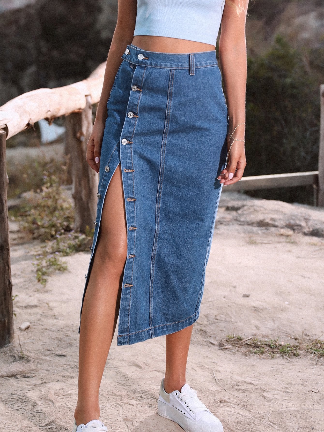 High Waist Irregular Slit Denim Long Skirt