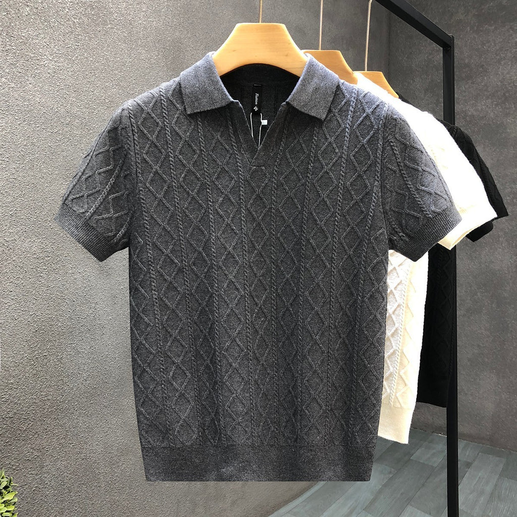 Mens Textured V-Neck Polo Shirt