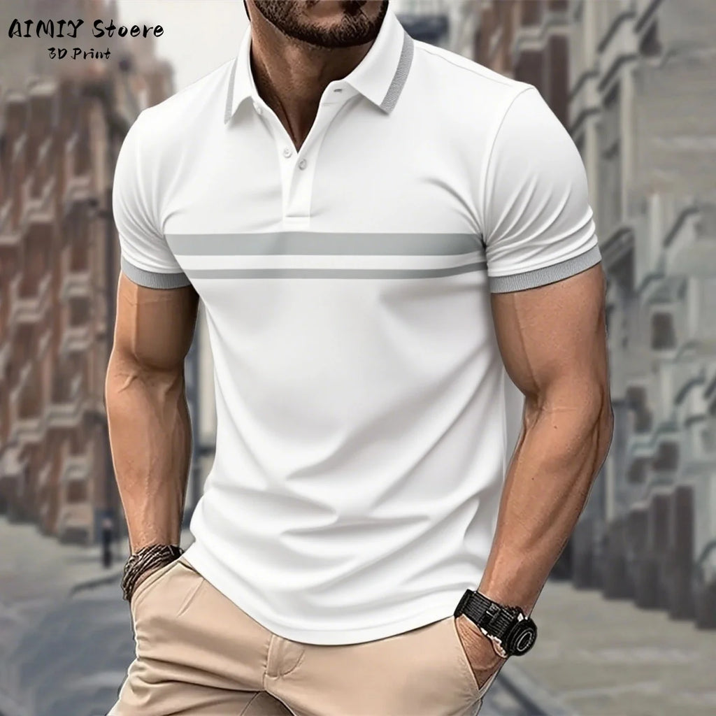 Men's Polo Shirt Striped Polo Shirt Casual Men's Top Short Sleeve Lapel Shirt White Base Gray Stripe Versatile Business Wear