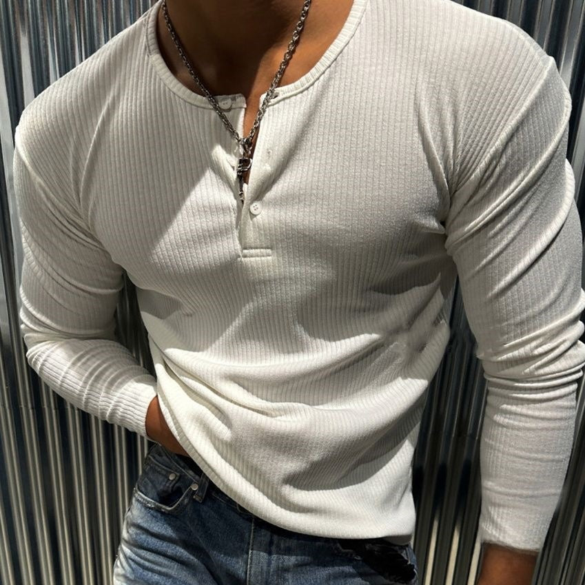 Solid Color Ribbed Polo Shirt Long Sleeve
