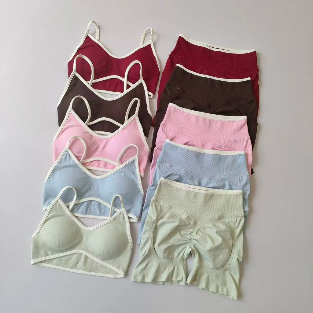 Peach Buttock Yoga Suit Women Gym Seamless Suspender Gathering Bra High Waist Hip Lifting Belly Tightening Shorts Fitness Set