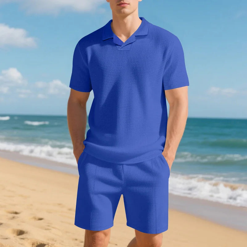Balmacaan Collar Waffle-knit Polo Shorts Set