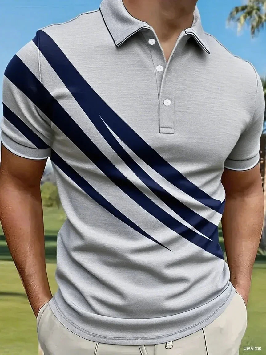 Summer Variegated Pattern Design Men's Short Sleeved White Button-up Polo Shirt Comfortable and Casual Daily Wear 100% Polyester