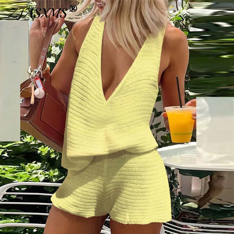 Spring Casual Solid Knit 2 Piece Set Sexy Deep V Neck Vest Top And Shorts Outfit New Summer Beach Vacation Women's Suit Harajuku