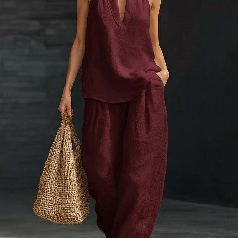 French Style Halter Top and Wide-Leg Pants