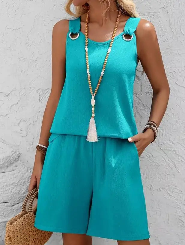 Women Casual Fashion Set with Suspender Sleeveless Solid Color Top and Pants Set Comfortable Clothing Summer Shorts Sets Women