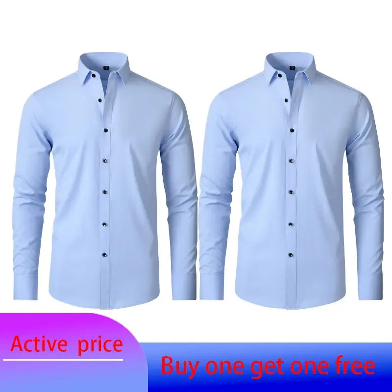 6xl New summer black men's shirt elastic force non-iron long-sleeved business casual shirt solid color mercerized vertical