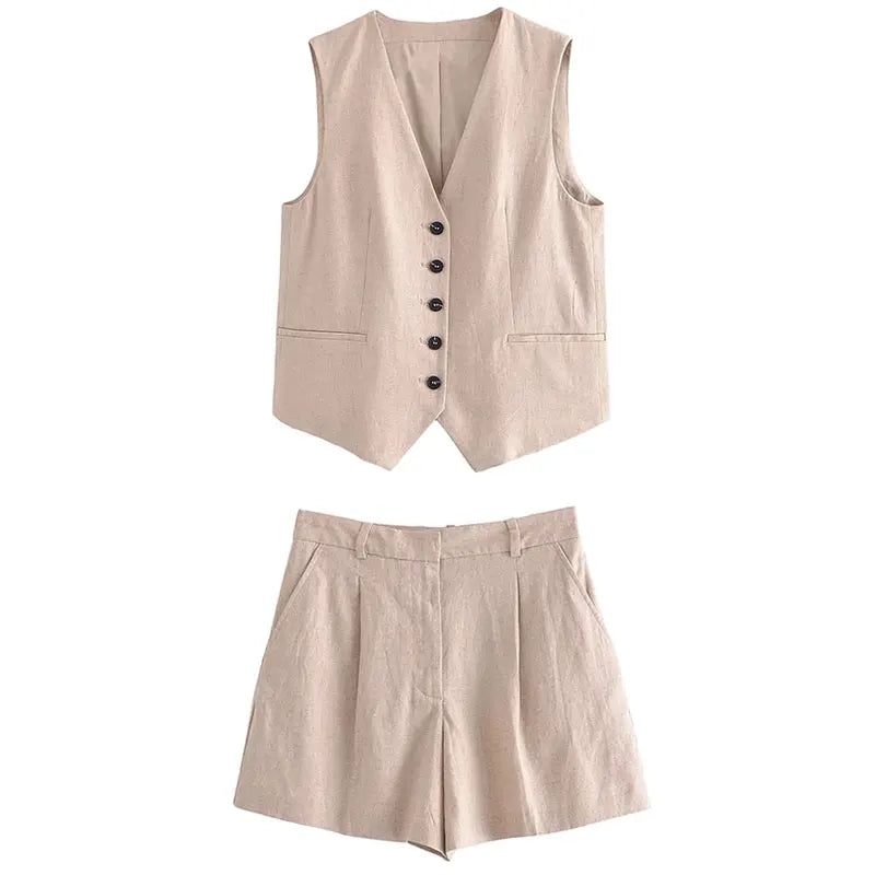 HH Fashion Vintage Sets For Women 2 Pieces Solid Linen V Neck Waistcoat Single Breasted Loose Vest Top Chic Casual Short Y2k
