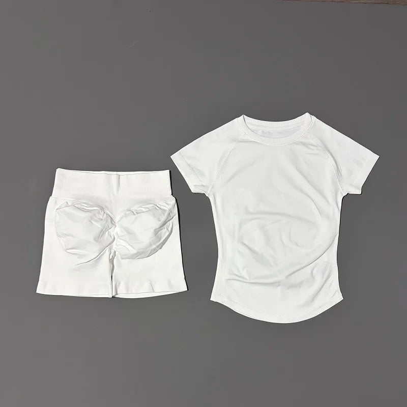 2 Pieces Impact Gym Sets Women Seamless knitted Yoga Short Sleeve Top Fitness Set Workout Running Sports Short Leggings Suit