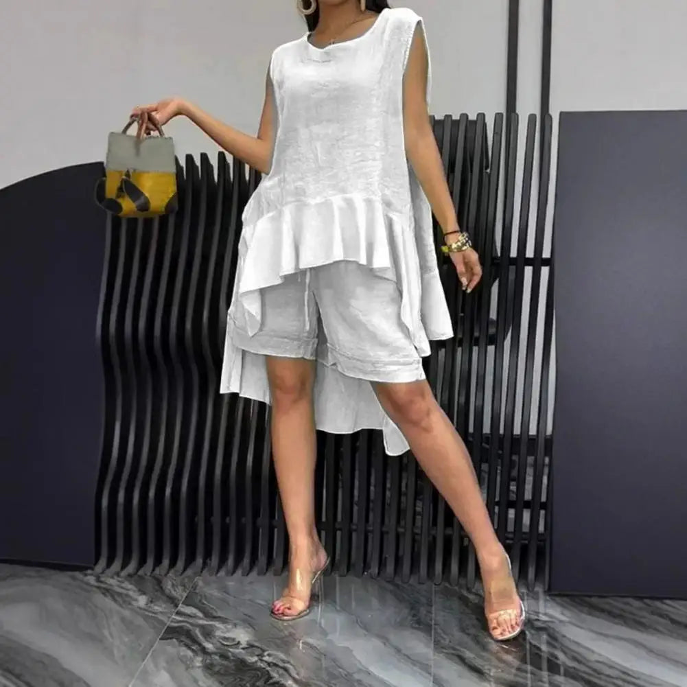 Women's Cotton Linen Two Piece Set Irregular Ruffle Hem Sleeveless Top Drawstring Shorts Summer Casual Outfit Retro Female Wear