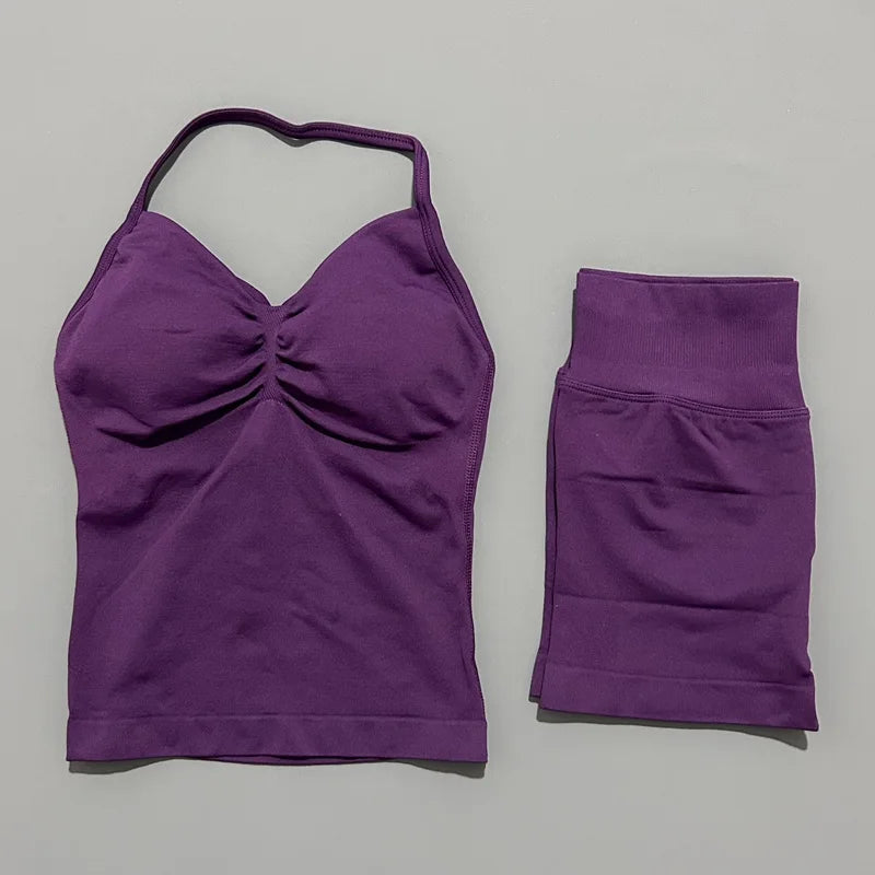 2 Piece Impact Sports Set Women Backless Halter Tops Fitness Tank Top High Waist Seamless High Stretch Shorts Gym Workout Sets