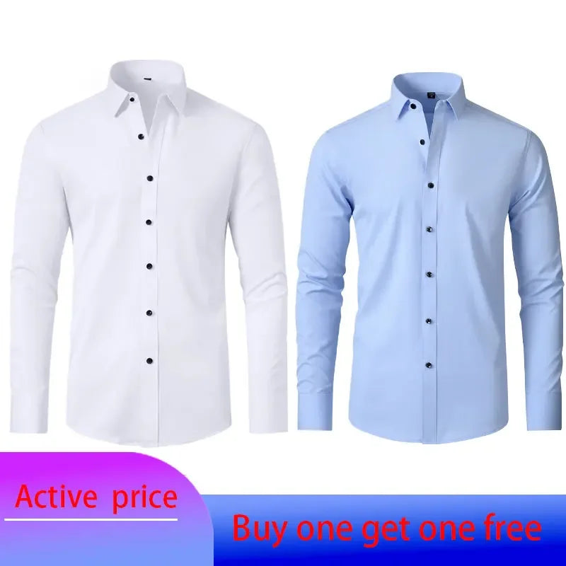 6xl New summer black men's shirt elastic force non-iron long-sleeved business casual shirt solid color mercerized vertical