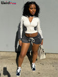 Weird Puss Casual Sporty 2piece Set Women Fall Trend Zip Hipster Patchwork Crop Jacket+Shorts Matching Classic Tracksuit Outfits