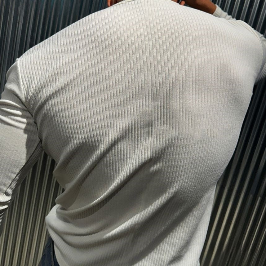 Solid Color Ribbed Polo Shirt Long Sleeve