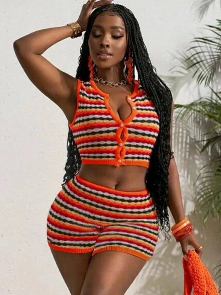 2 Piece Set Women Tracksuit Summer Casual Loose Top And Shorts Sweat Suits Striped Knitting Two Piece Matching Sets Outfit