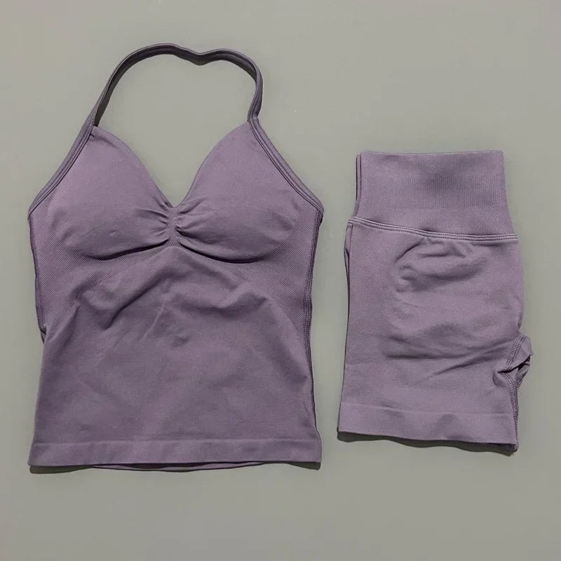 2 Piece Impact Sports Set Women Backless Halter Tops Fitness Tank Top High Waist Seamless High Stretch Shorts Gym Workout Sets
