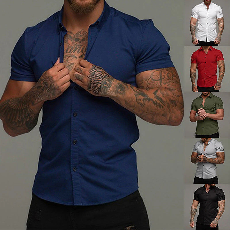 A muscular man in a solid-color lapel short-sleeved shirt