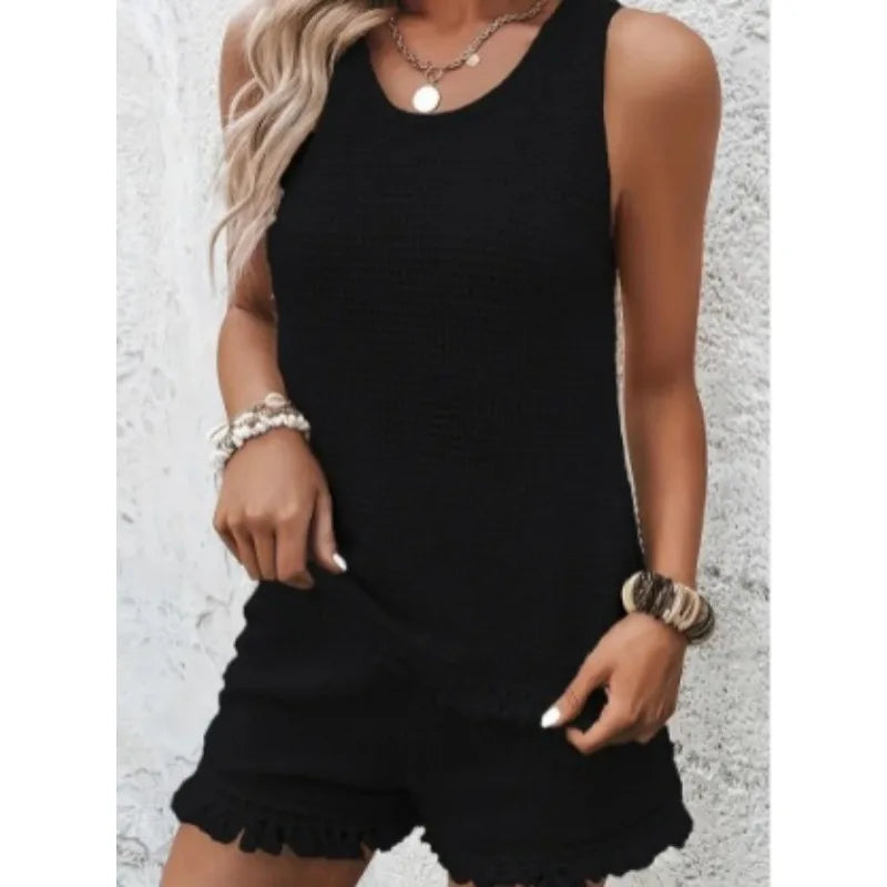 2026 Spot Amazon Independent Station Europe and America Cross-border Women's Top Shorts Set Sleeveless Crew Neck Pullover Top