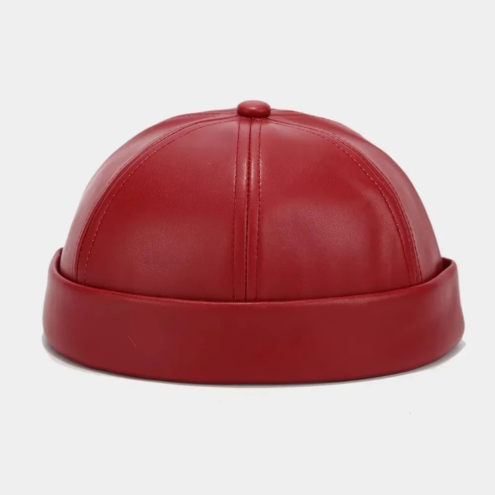 Casual Retro Brimless Hat PU Leather Adjustable Melon Skin Caps Solid Color Docker Cap Autumn Winter