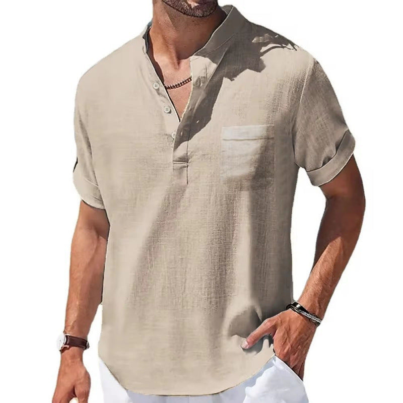 Men's Linen Short Sleeve Shirt with Stand Collar